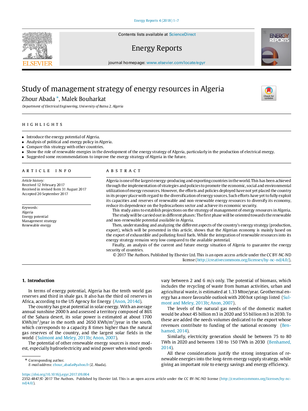 Study of management strategy of energy resources in Algeria