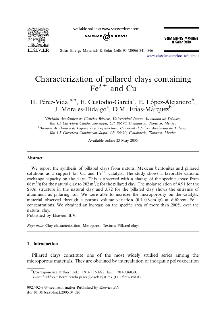 Characterization of pillared clays containing Fe3+ and Cu