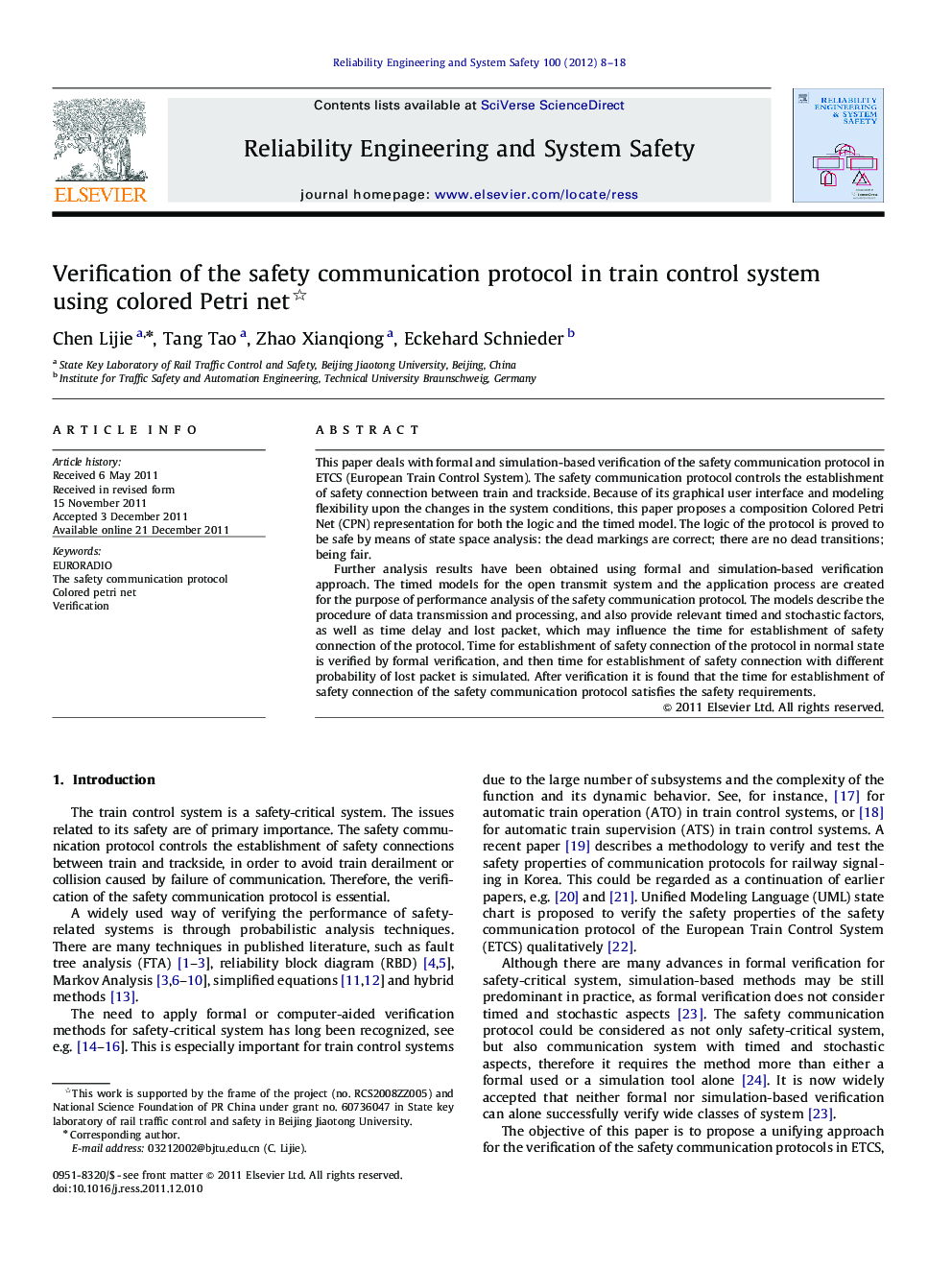 Verification of the safety communication protocol in train control system using colored Petri net 