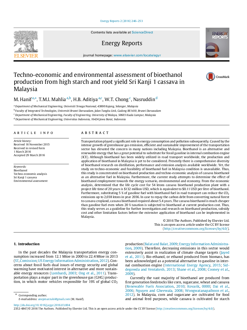 Techno-economic and environmental assessment of bioethanol production from high starch and root yield Sri Kanji 1 cassava in Malaysia