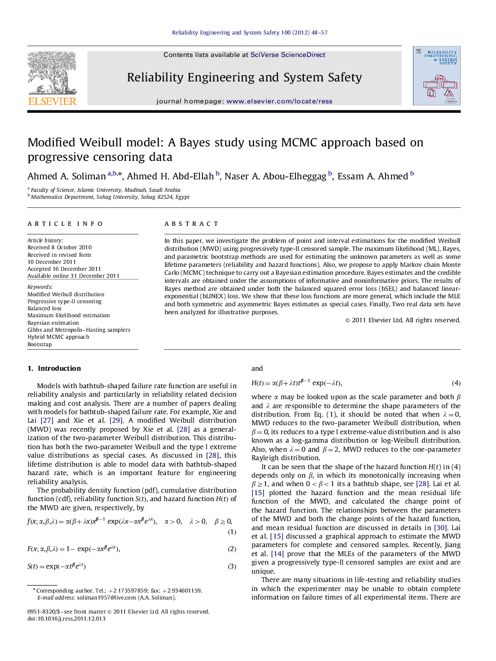 عکس صفحه اول مقاله: Modified Weibull model: A Bayes study using MCMC approach based on progressive censoring data Modified Weibull model: A Bayes study using MCMC approach based on progressive censoring data