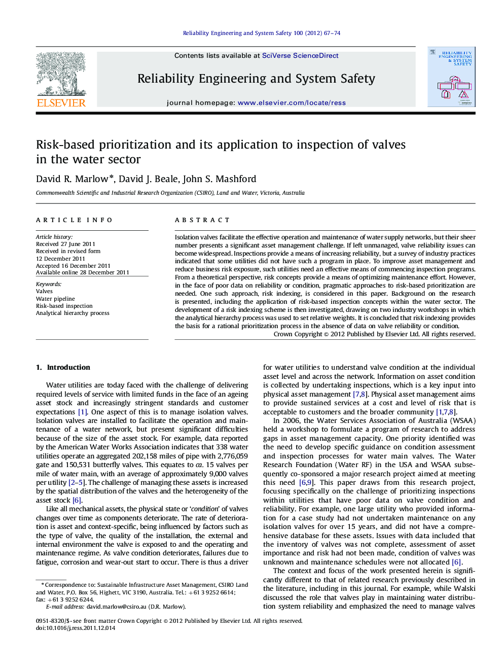 Risk-based prioritization and its application to inspection of valves in the water sector