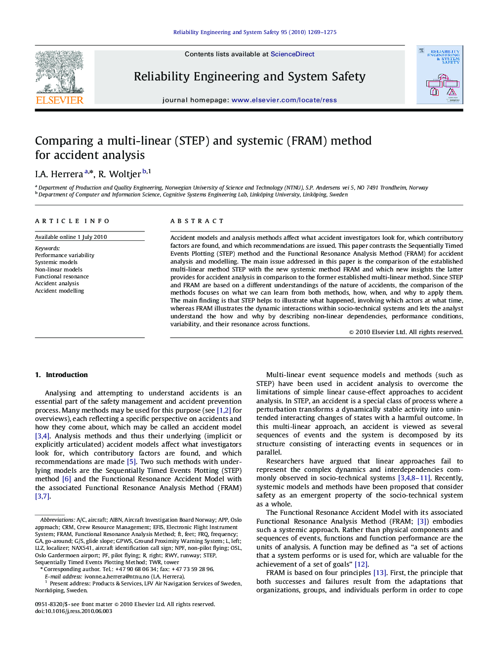 Comparing a multi-linear (STEP) and systemic (FRAM) method for accident analysis