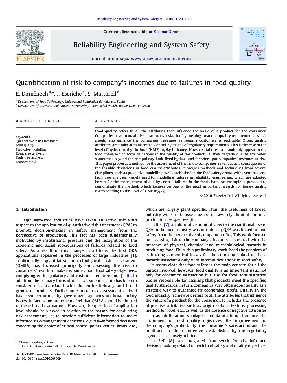 Quantification of risk to company’s incomes due to failures in food quality