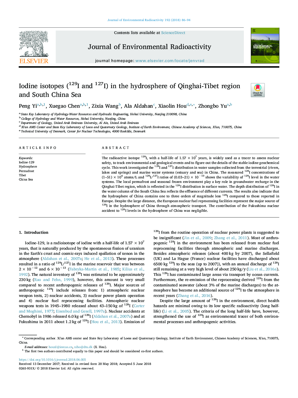 Iodine isotopes (129I and 127I) in the hydrosphere of Qinghai-Tibet region and South China Sea