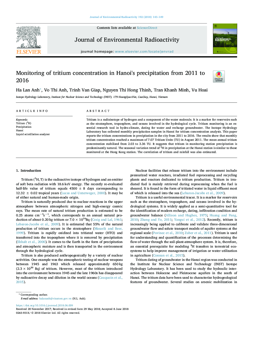 Monitoring of tritium concentration in Hanoi's precipitation from 2011 to 2016