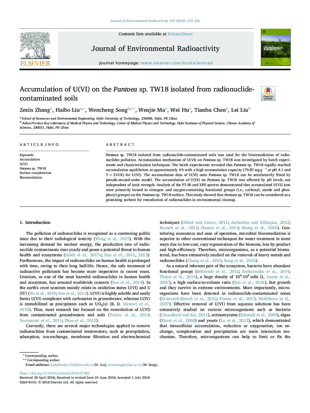 Accumulation of U(VI) on the Pantoea sp. TW18 isolated from radionuclide-contaminated soils