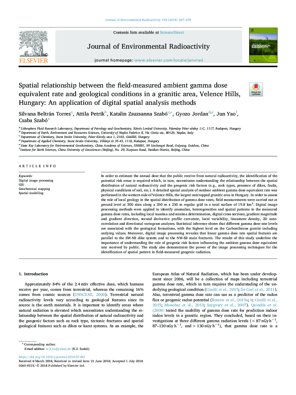 Spatial relationship between the field-measured ambient gamma dose equivalent rate and geological conditions in a granitic area, Velence Hills, Hungary: An application of digital spatial analysis methods