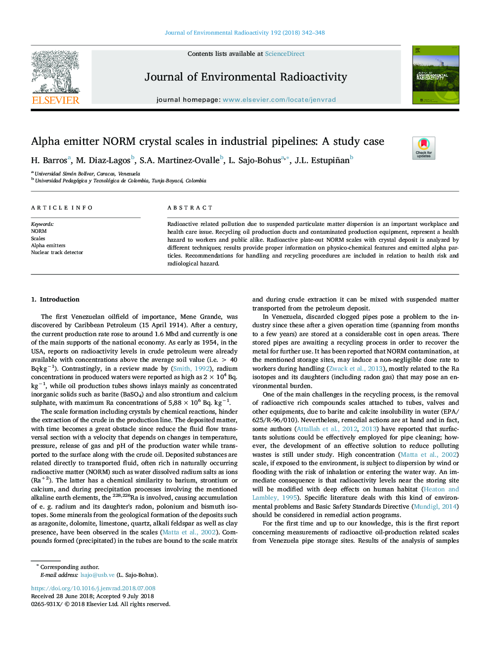 Alpha emitter NORM crystal scales in industrial pipelines: A study case