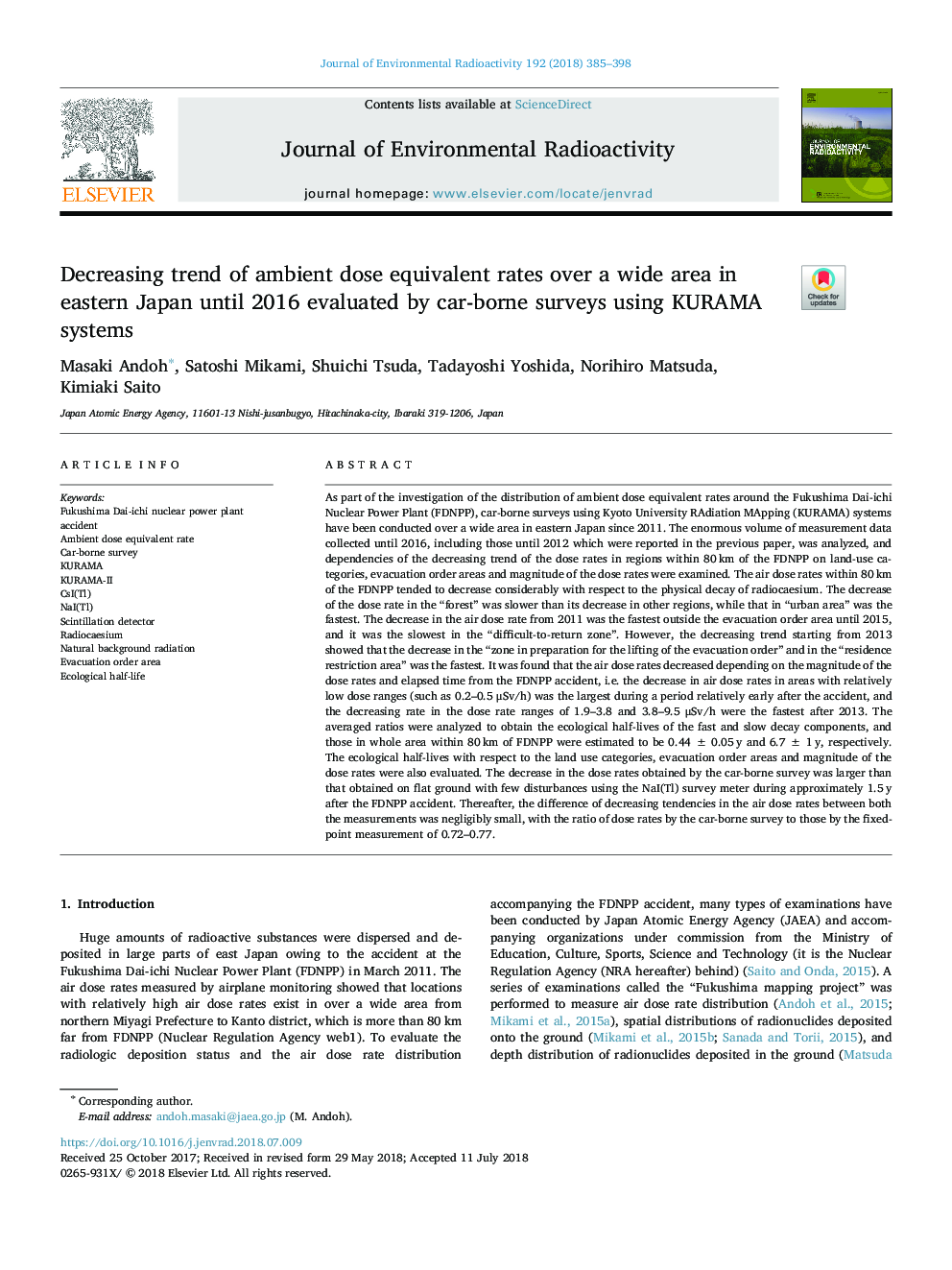 Decreasing trend of ambient dose equivalent rates over a wide area in eastern Japan until 2016 evaluated by car-borne surveys using KURAMA systems