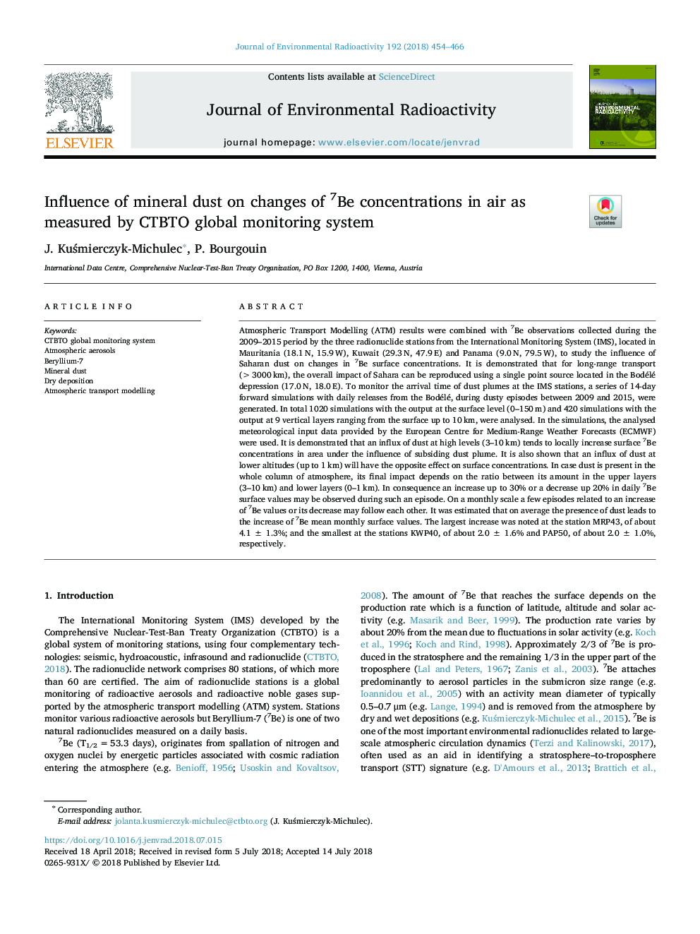 Influence of mineral dust on changes of 7Be concentrations in air as measured by CTBTO global monitoring system