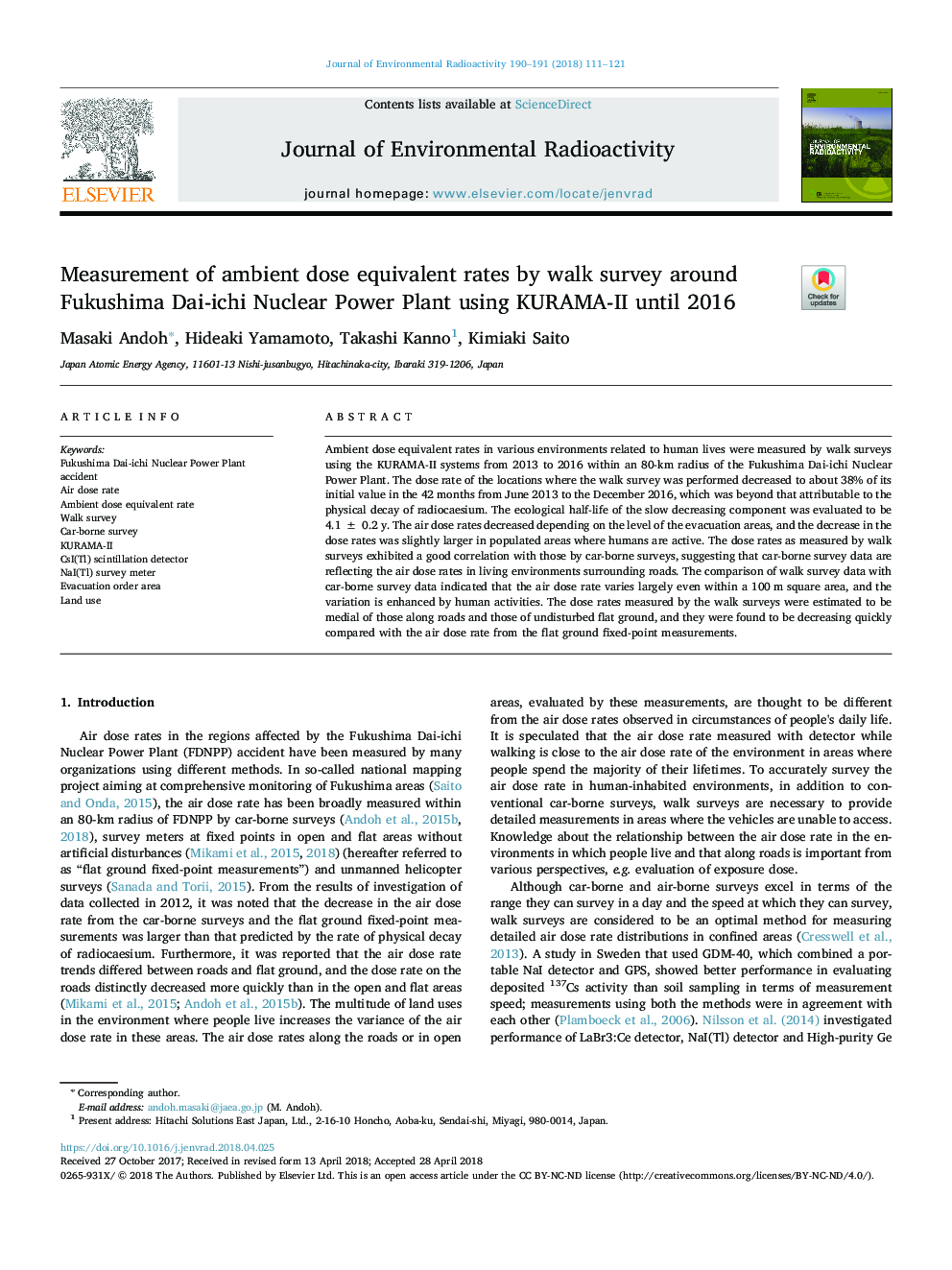 Measurement of ambient dose equivalent rates by walk survey around Fukushima Dai-ichi Nuclear Power Plant using KURAMA-II until 2016