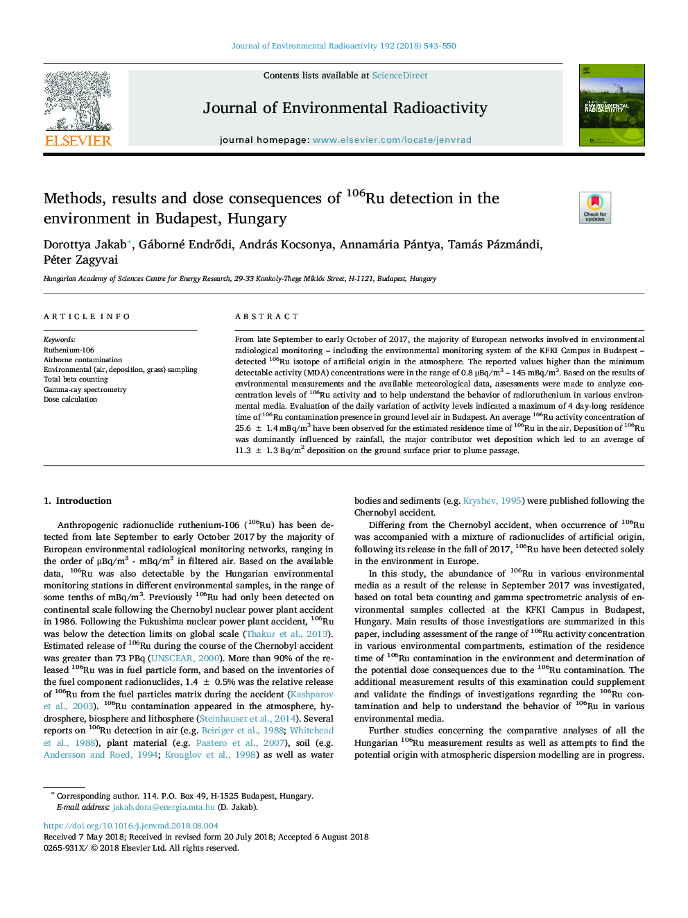 Methods, results and dose consequences of 106Ru detection in the environment in Budapest, Hungary