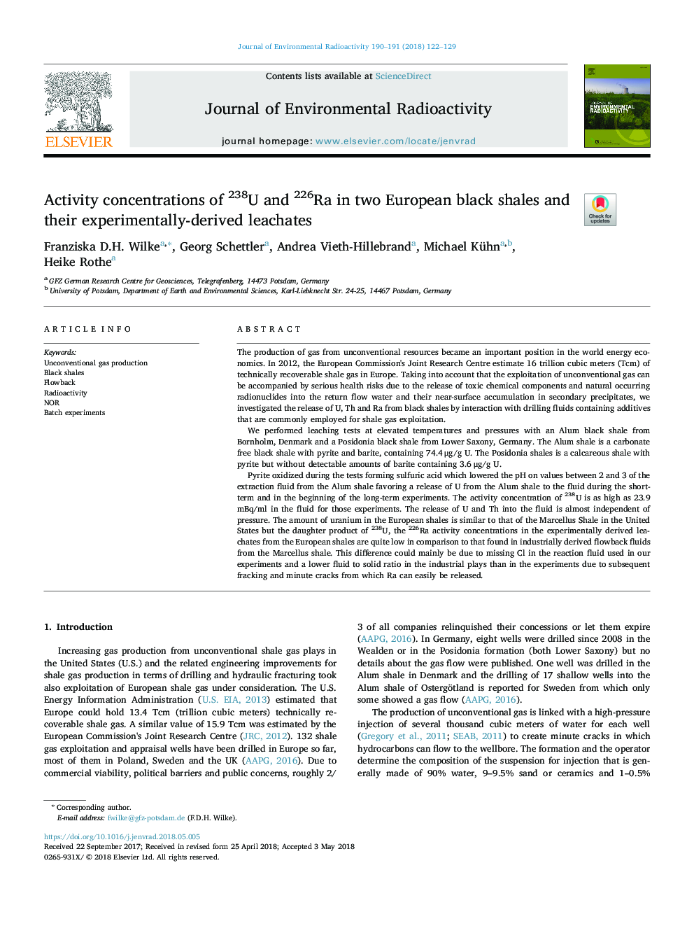 Activity concentrations of 238U and 226Ra in two European black shales and their experimentally-derived leachates