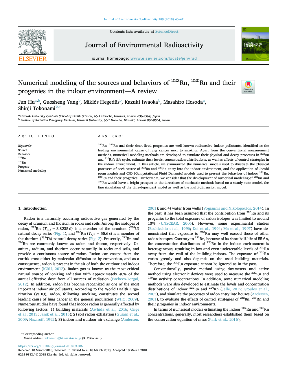 Numerical modeling of the sources and behaviors of 222Rn, 220Rn and their progenies in the indoor environment-A review