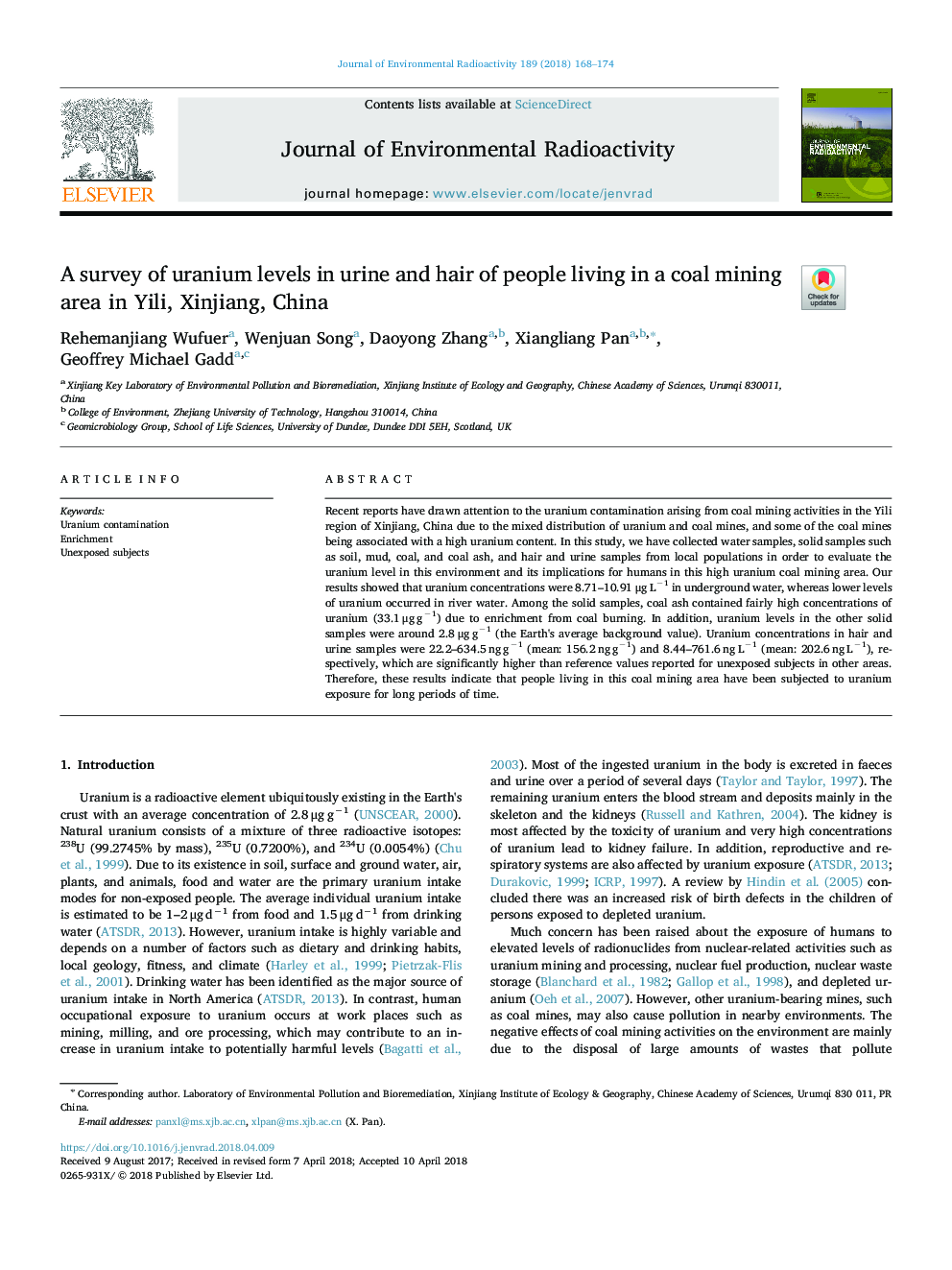 A survey of uranium levels in urine and hair of people living in a coal mining area in Yili, Xinjiang, China