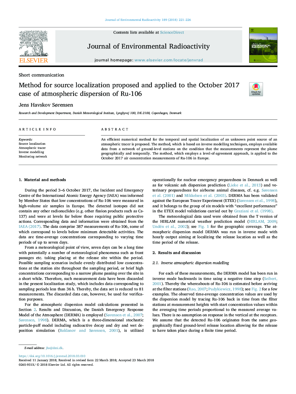 Method for source localization proposed and applied to the October 2017 case of atmospheric dispersion of Ru-106