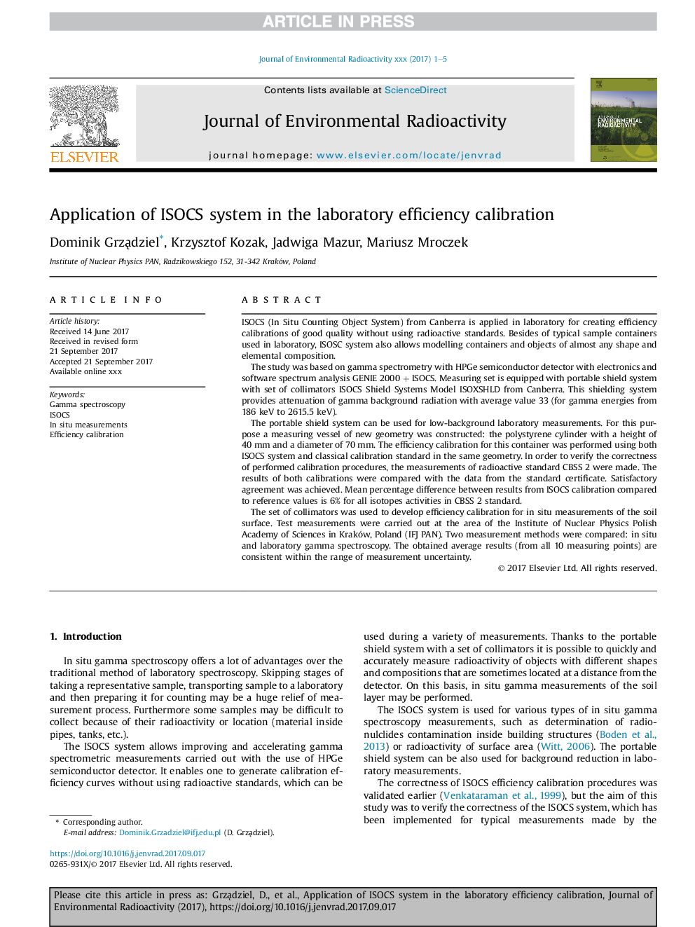 Application of ISOCS system in the laboratory efficiency calibration