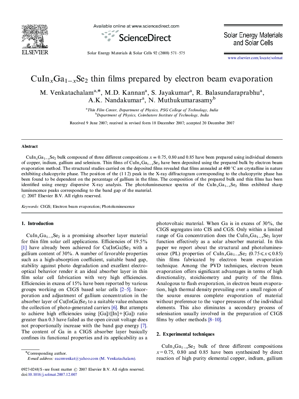 CuInxGa1−xSe2 thin films prepared by electron beam evaporation