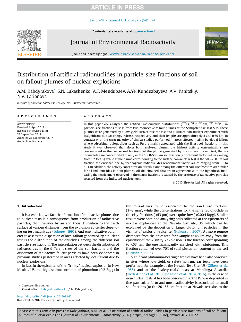 Distribution of artificial radionuclides in particle-size fractions of soil on fallout plumes of nuclear explosions