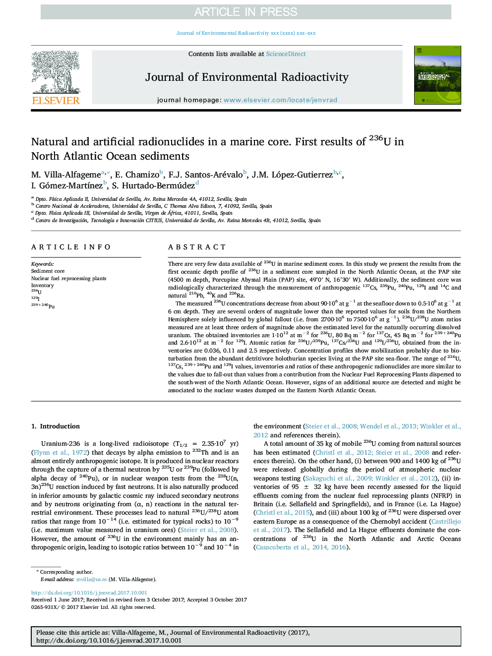 Natural and artificial radionuclides in a marine core. First results of 236U in North Atlantic Ocean sediments