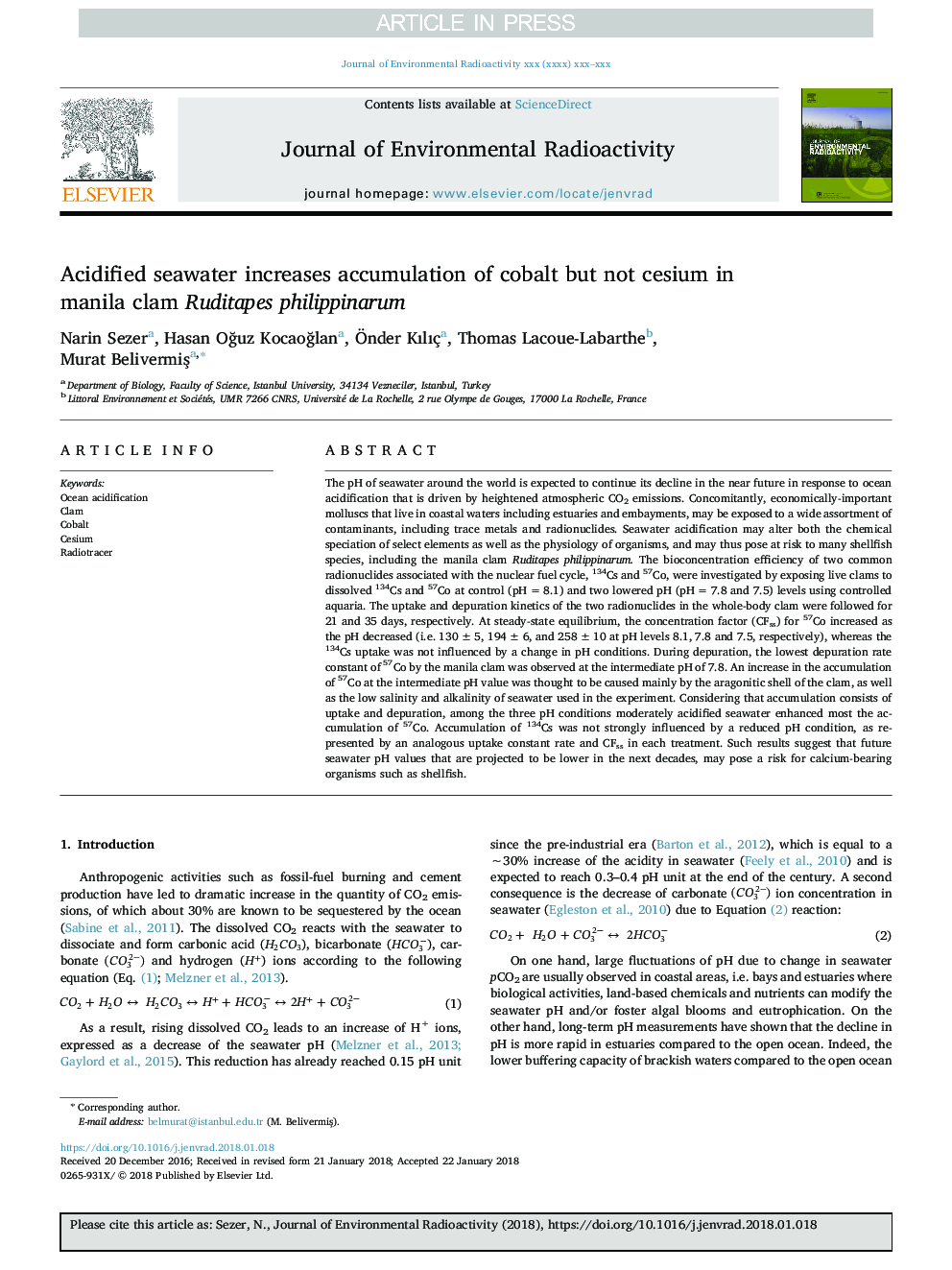 Acidified seawater increases accumulation of cobalt but not cesium in manila clam Ruditapes philippinarum