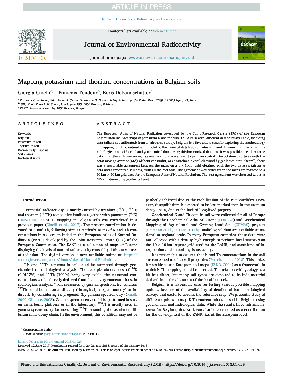 Mapping potassium and thorium concentrations in Belgian soils