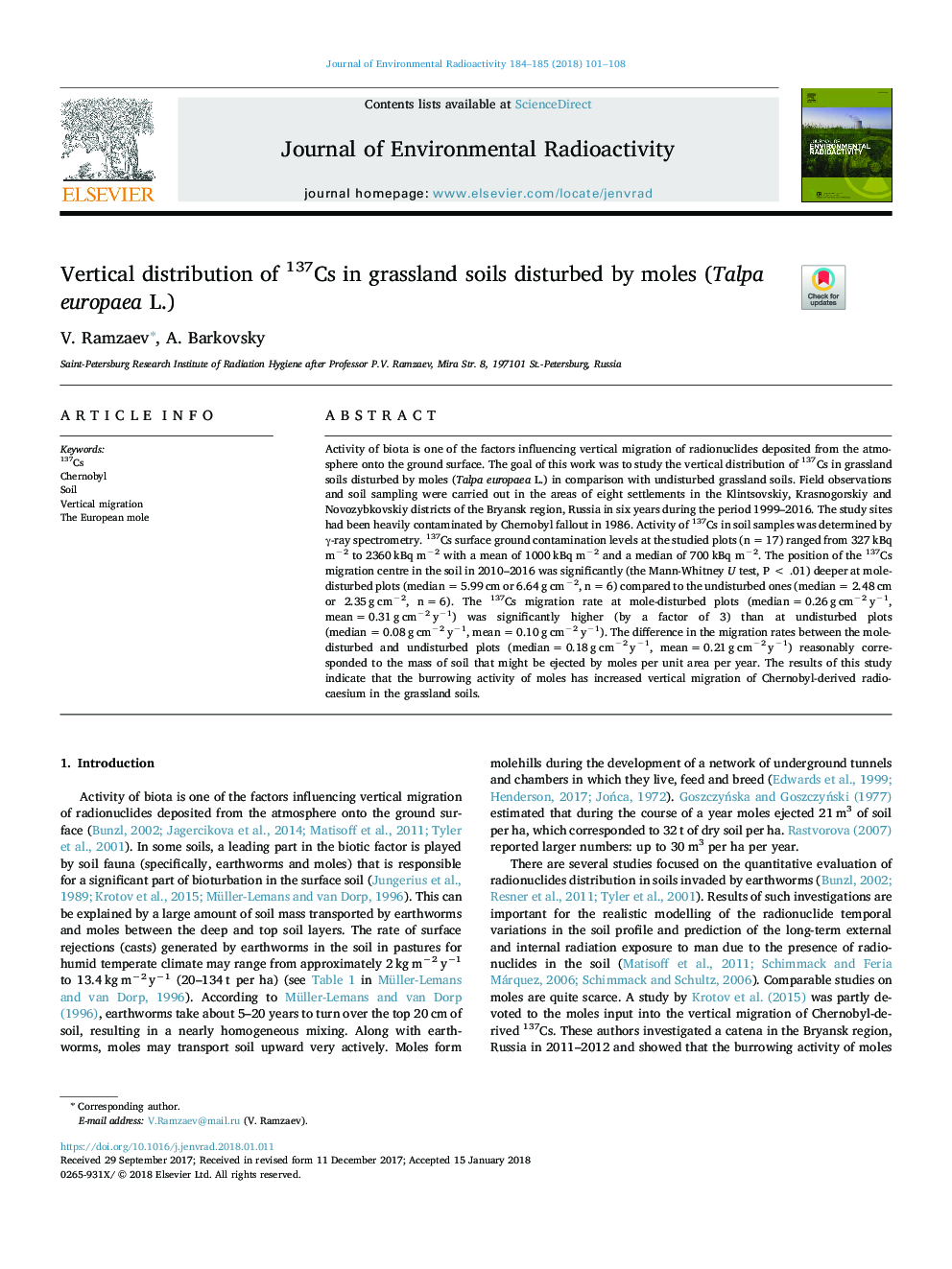 Vertical distribution of 137Cs in grassland soils disturbed by moles (Talpa europaea L.)