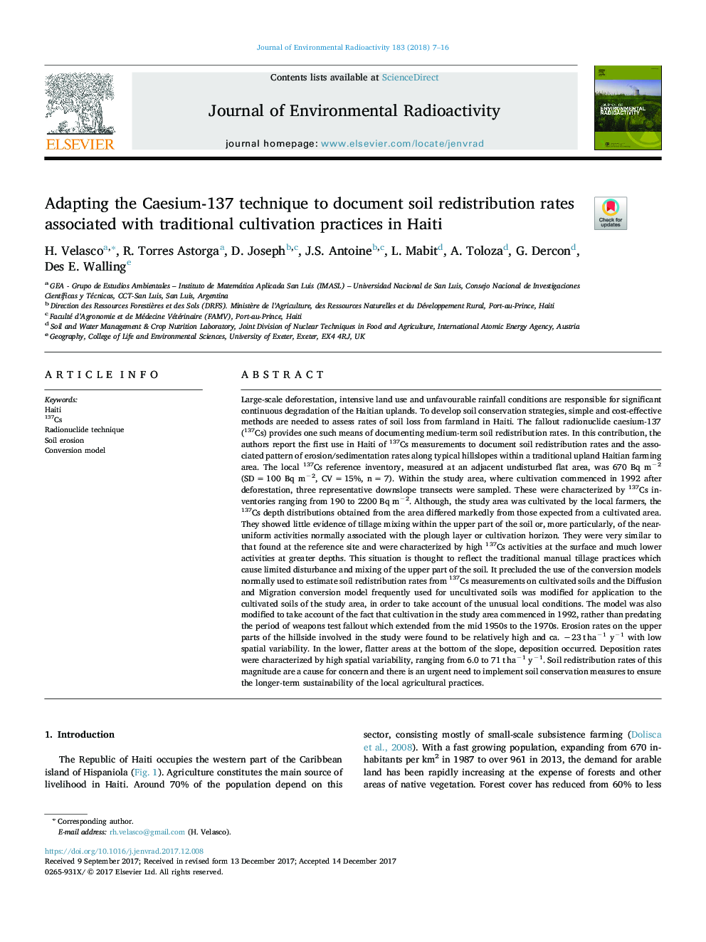 Adapting the Caesium-137 technique to document soil redistribution rates associated with traditional cultivation practices in Haiti