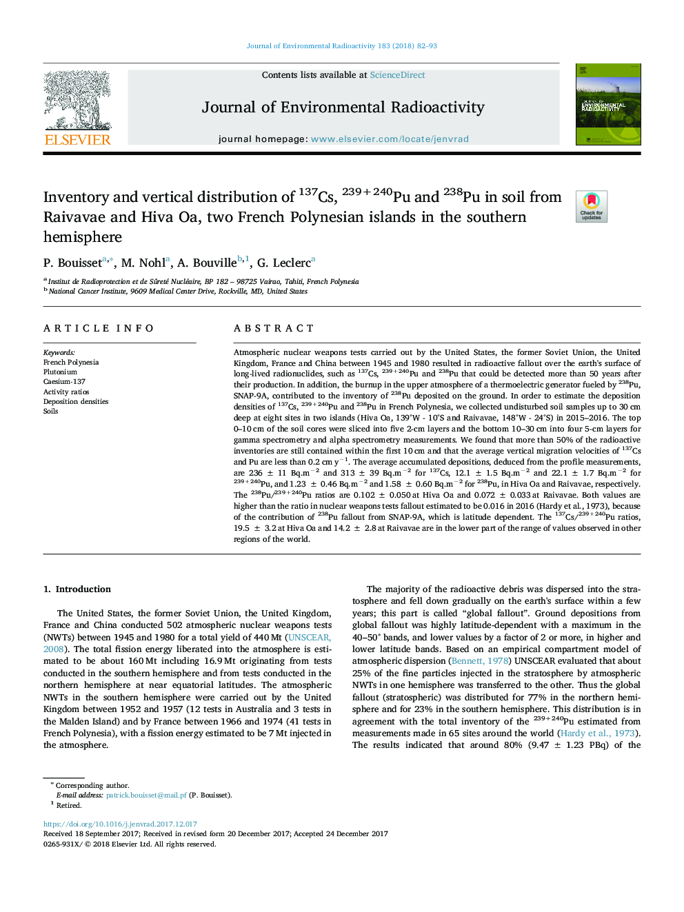 Inventory and vertical distribution of 137Cs, 239+240Pu and 238Pu in soil from Raivavae and Hiva Oa, two French Polynesian islands in the southern hemisphere