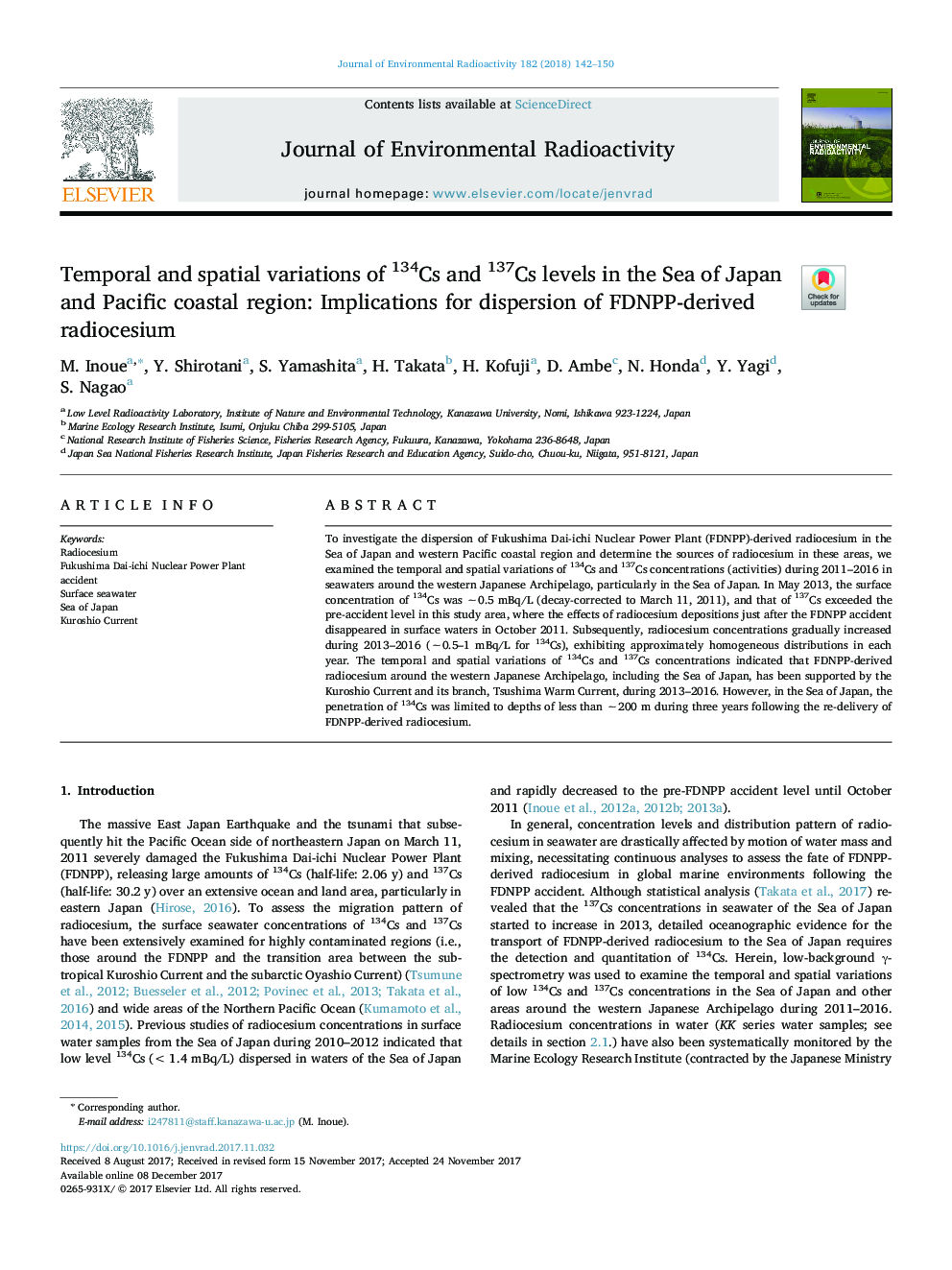 Temporal and spatial variations of 134Cs and 137Cs levels in the Sea of Japan and Pacific coastal region: Implications for dispersion of FDNPP-derived radiocesium