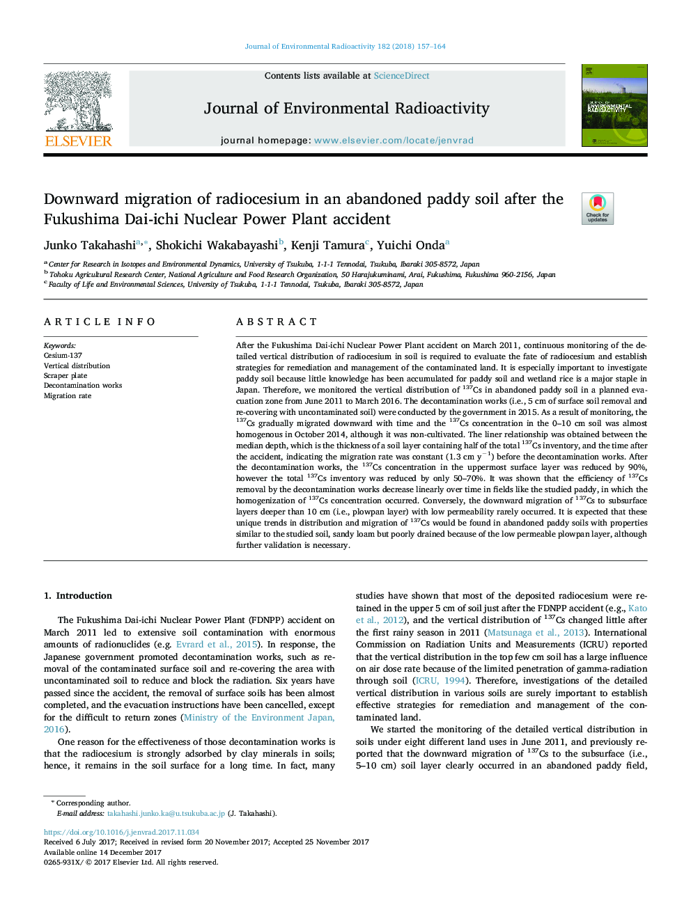 Downward migration of radiocesium in an abandoned paddy soil after the Fukushima Dai-ichi Nuclear Power Plant accident