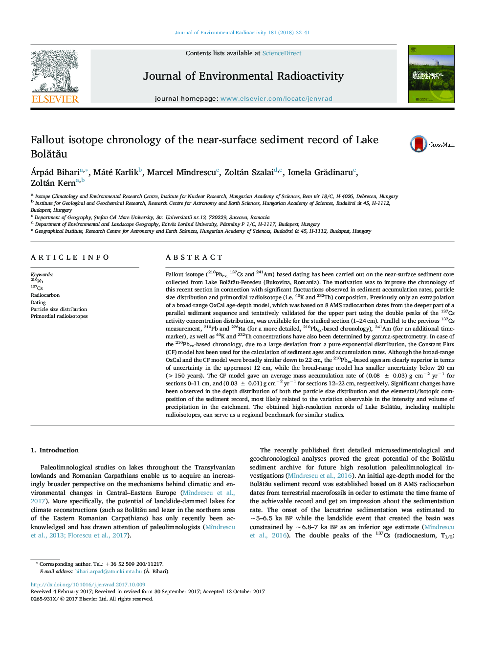 Fallout isotope chronology of the near-surface sediment record of Lake BolÄtÄu