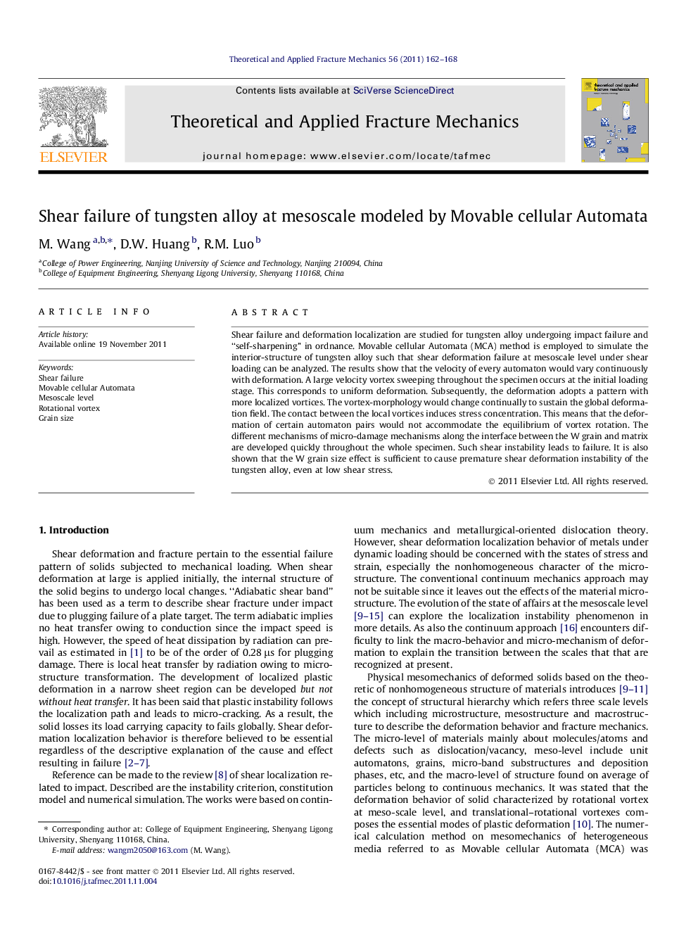 Shear failure of tungsten alloy at mesoscale modeled by Movable cellular Automata