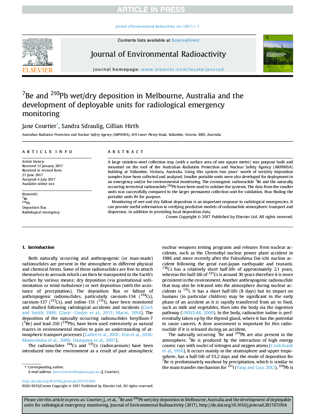 7Be and 210Pb wet/dry deposition in Melbourne, Australia and the development of deployable units for radiological emergency monitoring