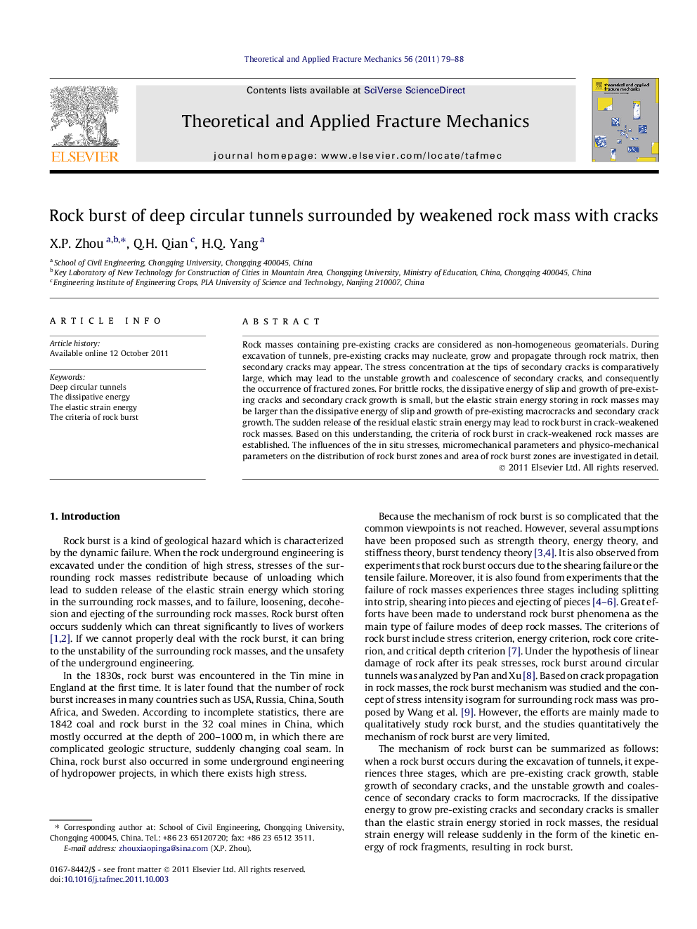 عکس صفحه اول مقاله: Rock burst of deep circular tunnels surrounded by weakened rock mass with cracks Rock burst of deep circular tunnels surrounded by weakened rock mass with cracks