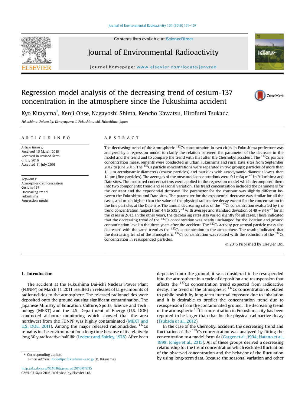 Regression model analysis of the decreasing trend of cesium-137 concentration in the atmosphere since the Fukushima accident