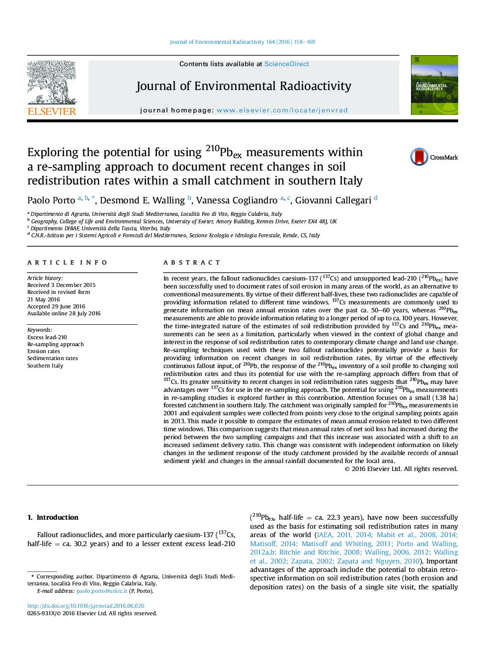 Exploring the potential for using 210Pbex measurements within a re-sampling approach to document recent changes in soil redistribution rates within a small catchment in southern Italy