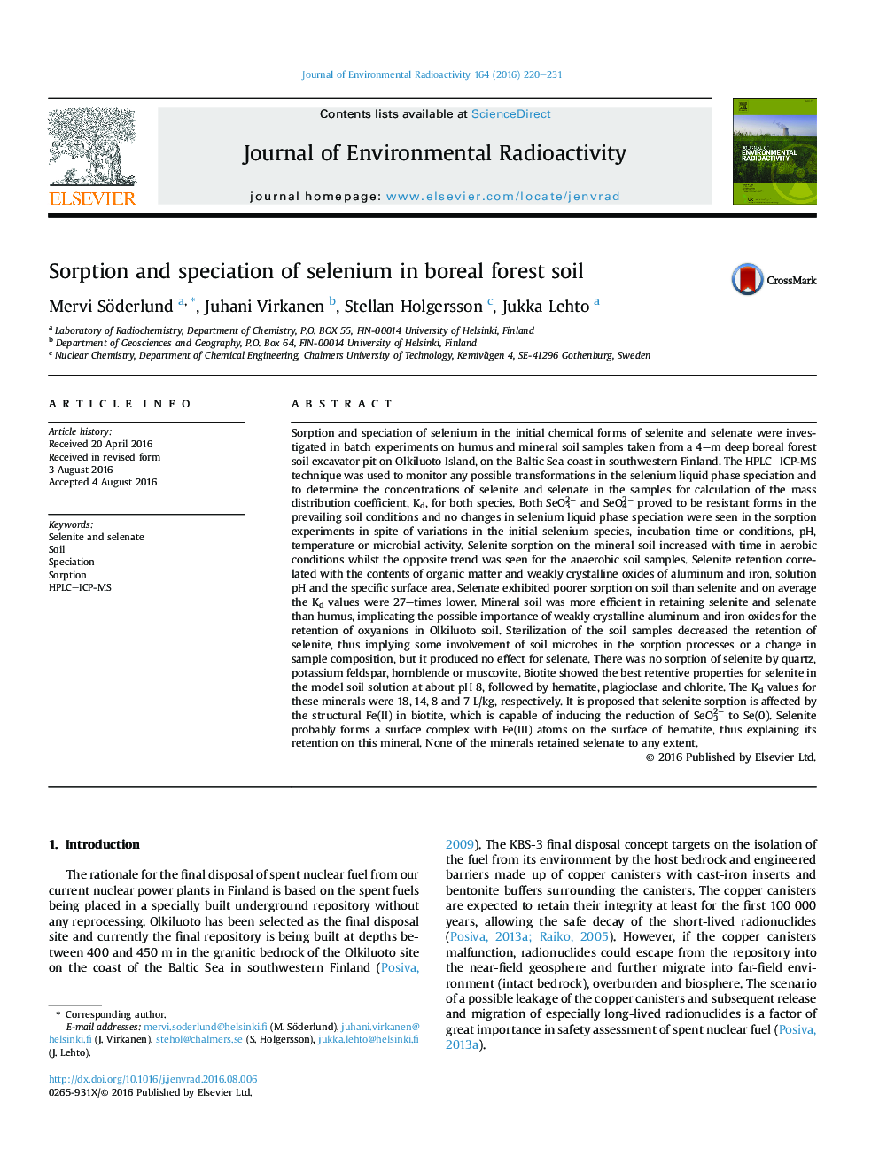 Sorption and speciation of selenium in boreal forest soil