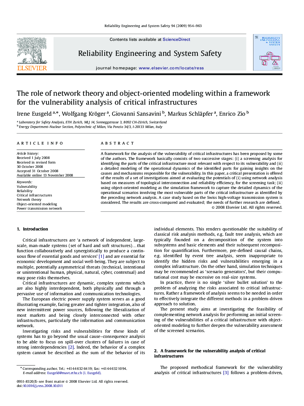 The role of network theory and object-oriented modeling within a framework for the vulnerability analysis of critical infrastructures