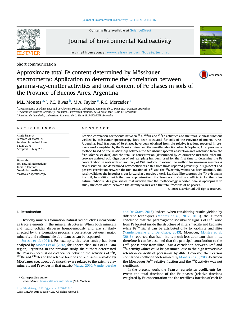 Approximate total Fe content determined by Mössbauer spectrometry: Application to determine the correlation between gamma-ray-emitter activities and total content of Fe phases in soils of the Province of Buenos Aires, Argentina