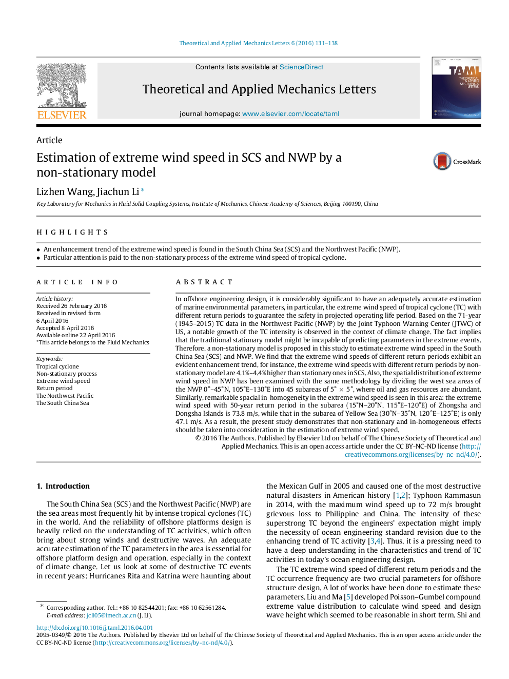 Estimation of extreme wind speed in SCS and NWP by a non-stationary model