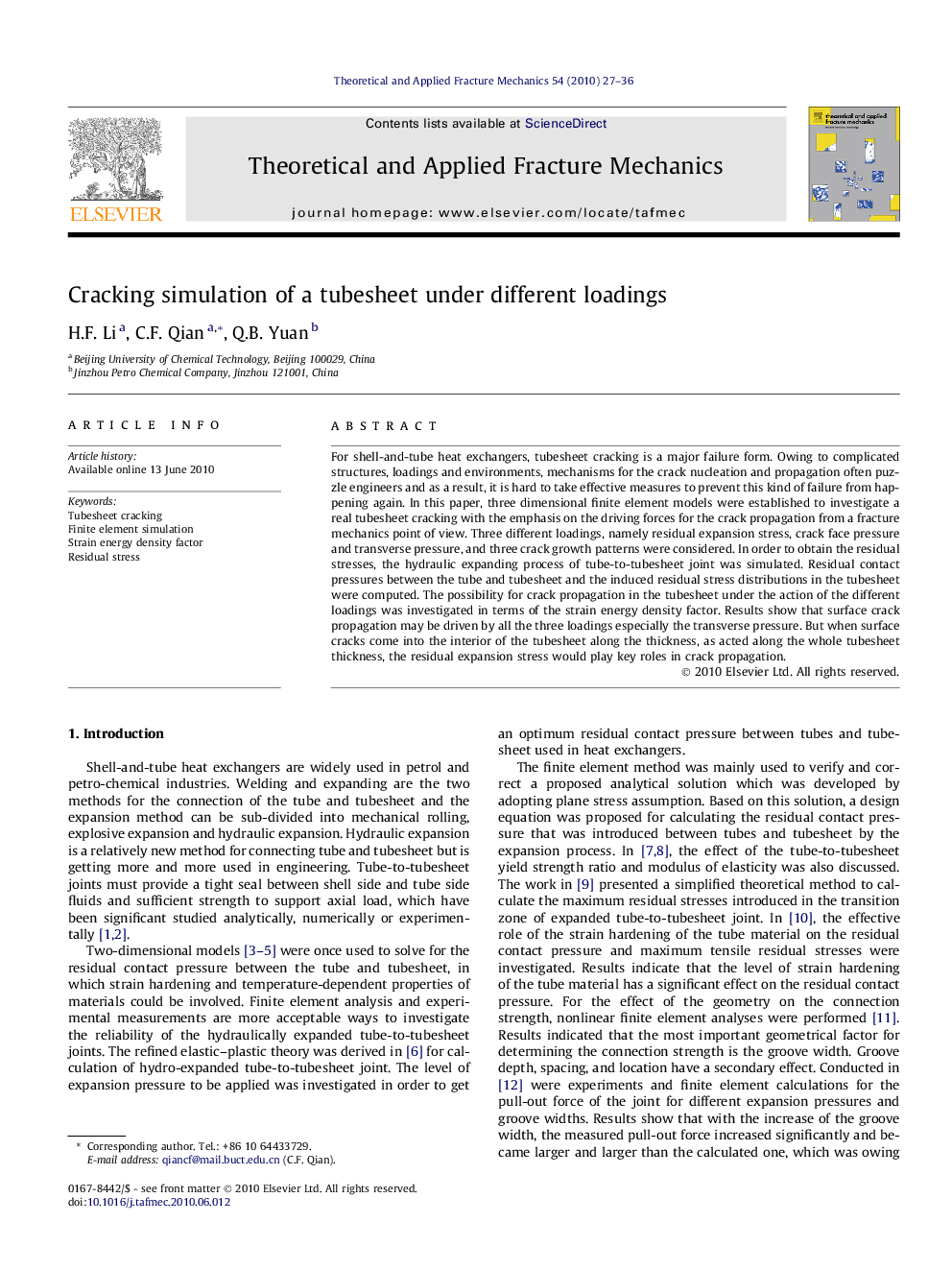 Cracking simulation of a tubesheet under different loadings