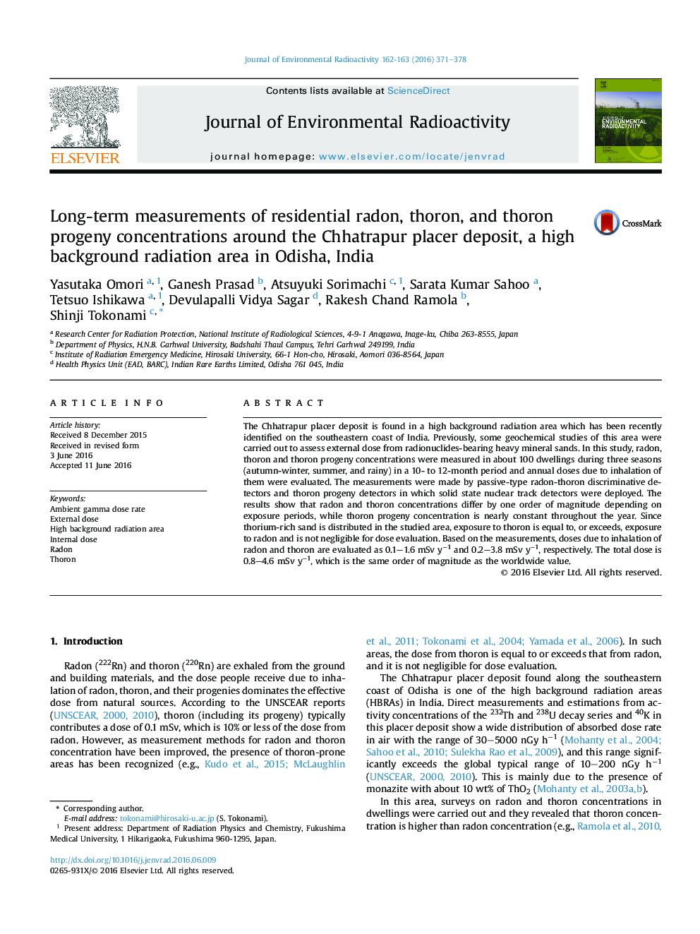 Long-term measurements of residential radon, thoron, and thoron progeny concentrations around the Chhatrapur placer deposit, a high background radiation area in Odisha, India