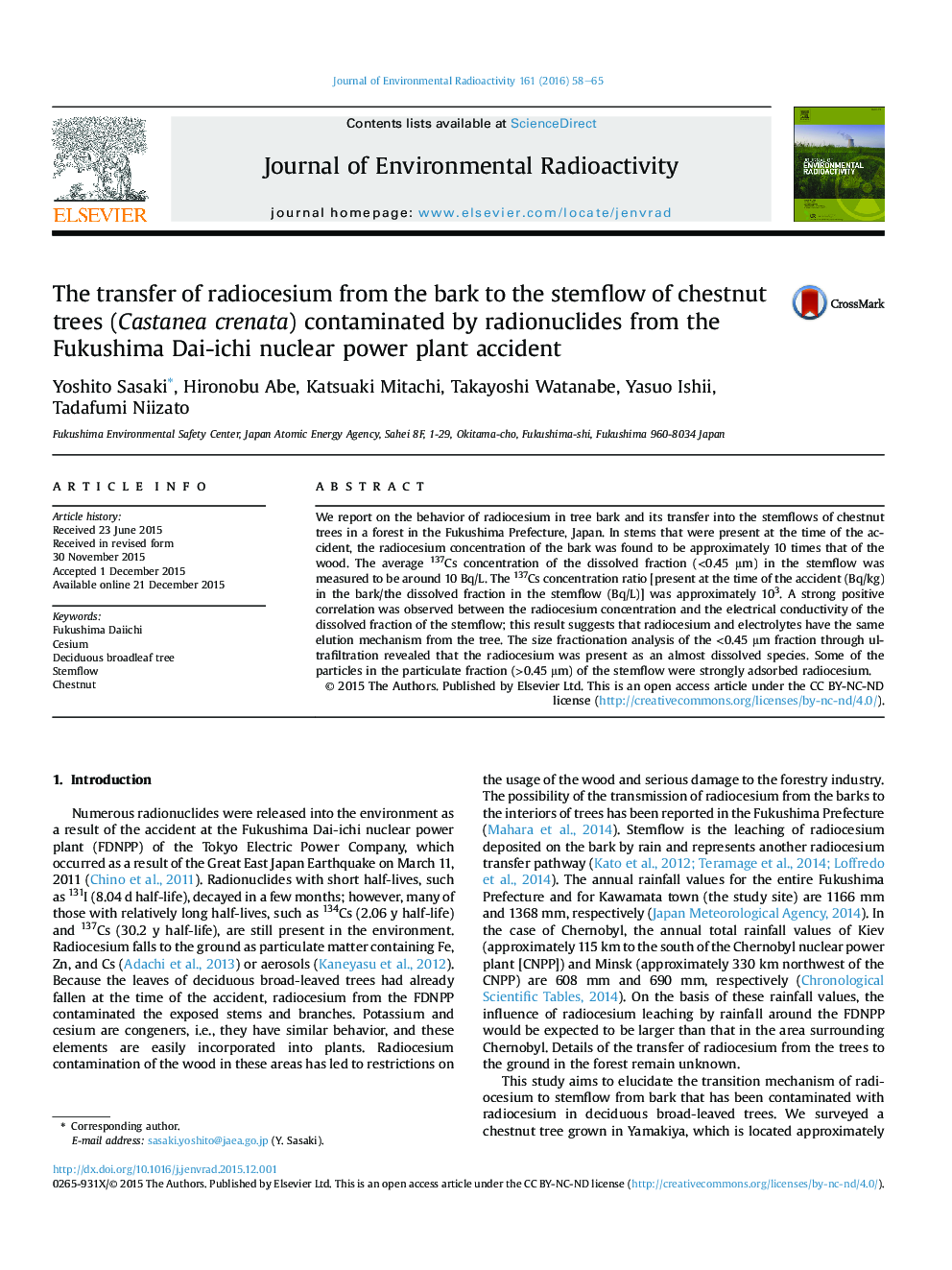 The transfer of radiocesium from the bark to the stemflow of chestnut trees (Castanea crenata) contaminated by radionuclides from the Fukushima Dai-ichi nuclear power plant accident