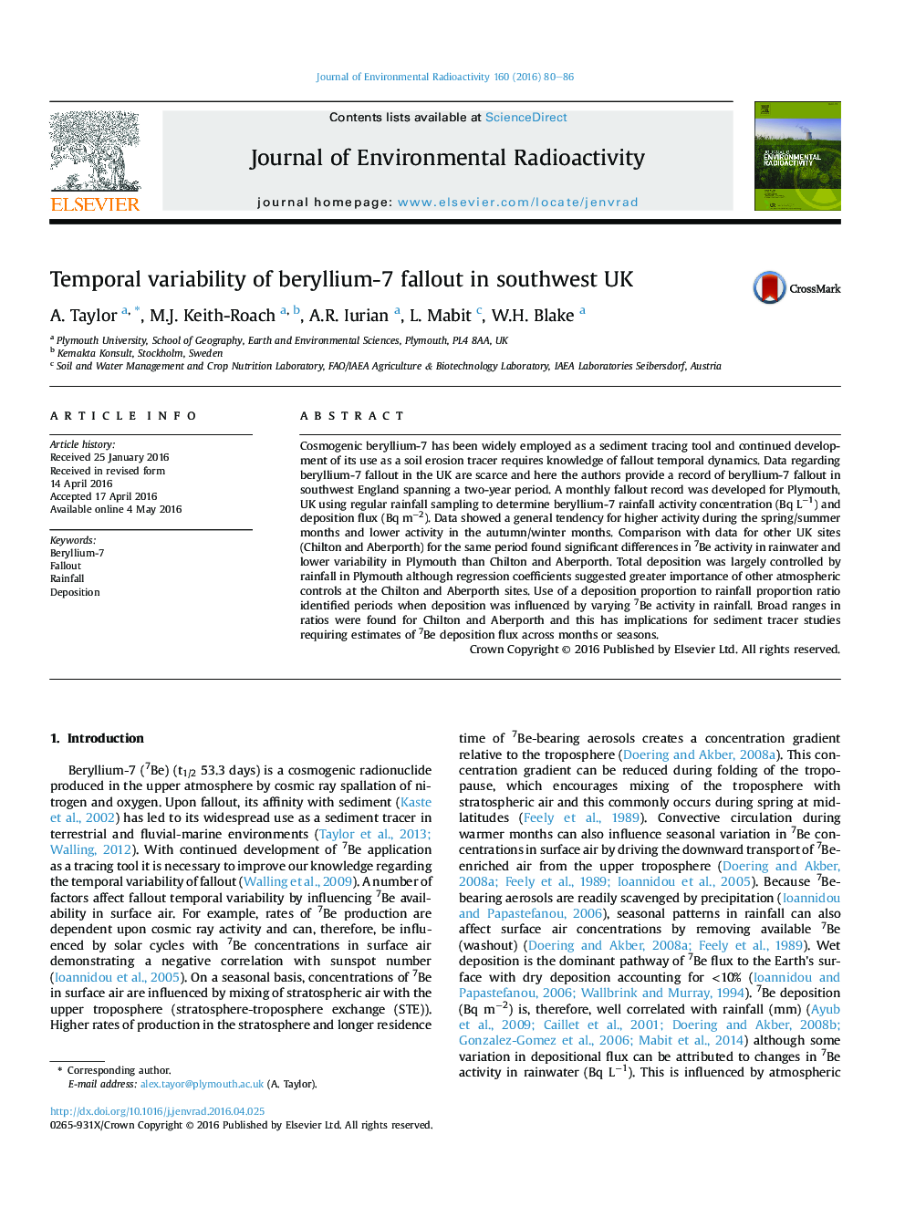 Temporal variability of beryllium-7 fallout in southwest UK