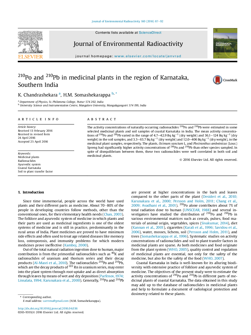 210Po and 210Pb in medicinal plants in the region of Karnataka, Southern India