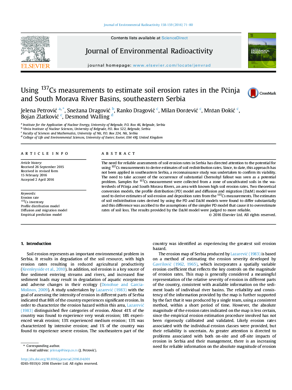 Using 137Cs measurements to estimate soil erosion rates in the PÄinja and South Morava River Basins, southeastern Serbia