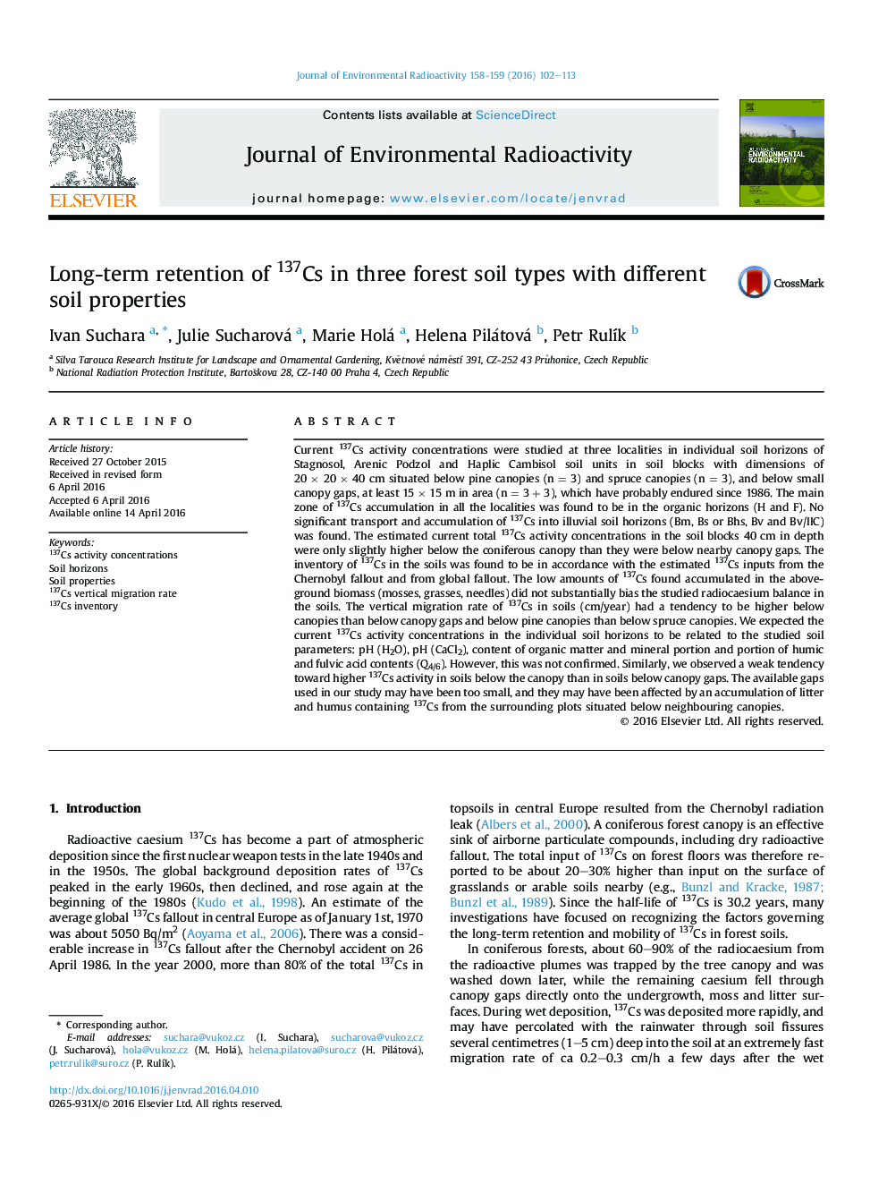 Long-term retention of 137Cs in three forest soil types with different soil properties