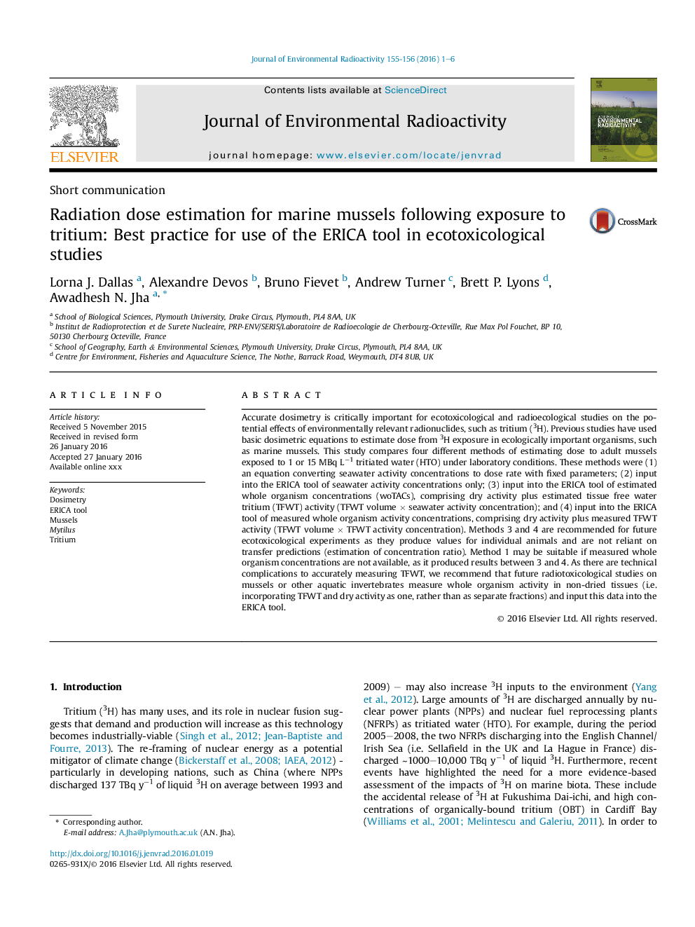 Radiation dose estimation for marine mussels following exposure to tritium: Best practice for use of the ERICA tool in ecotoxicological studies